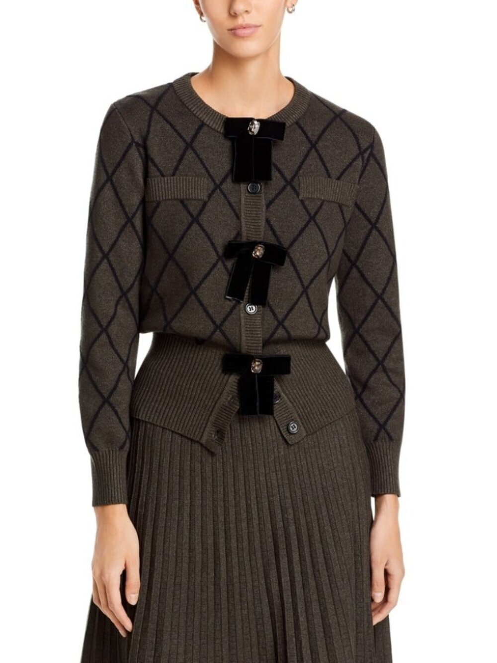 Nancy Yang Embellished Velvet Bow Knit Cardigan Charcoal Size XS